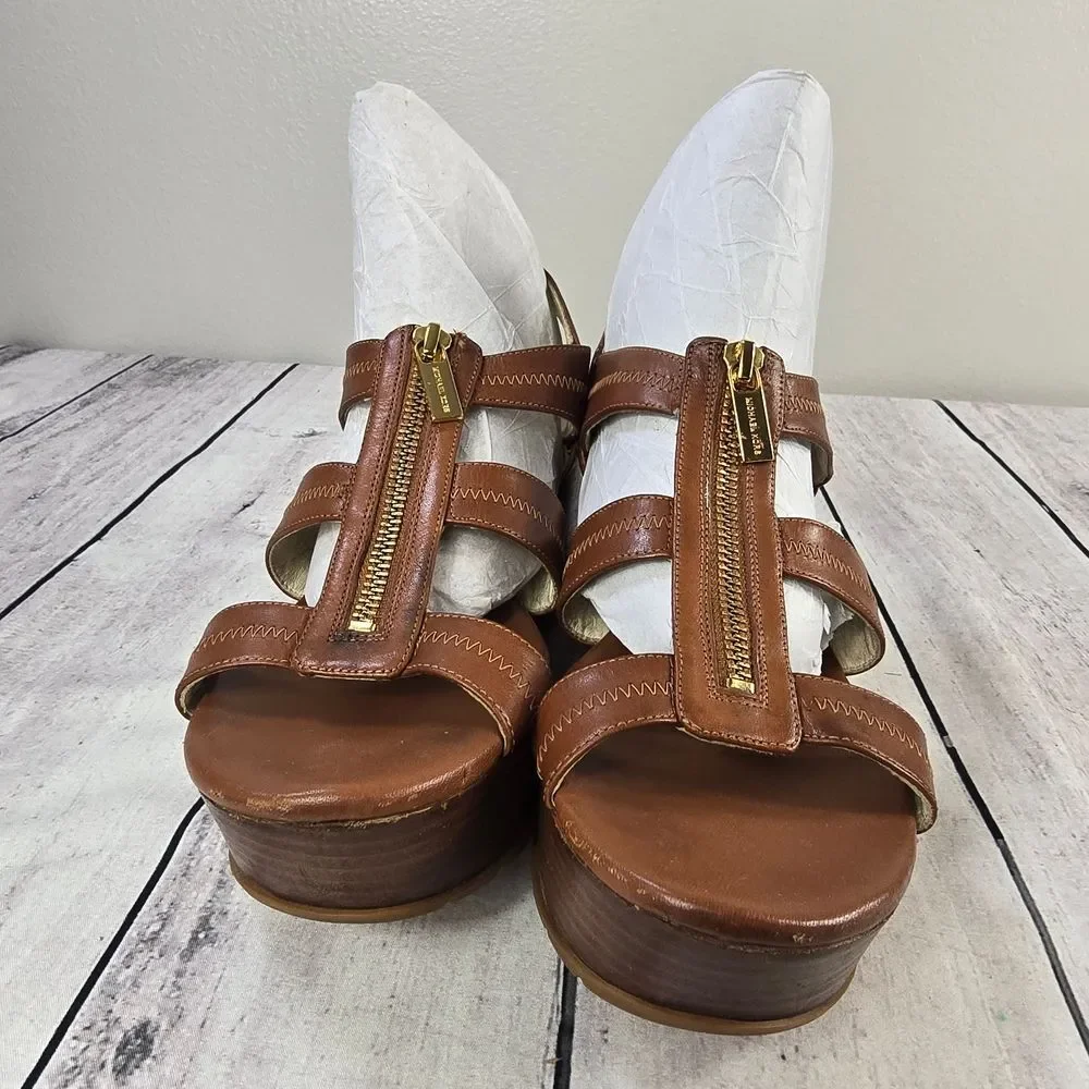 Michael Kors Berkley T- Strap Tan Leather Wedge Sandals